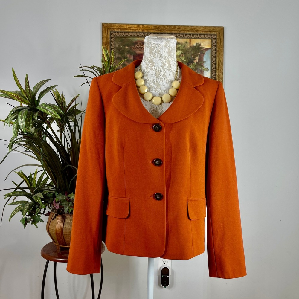 Jones Wear Blazer Women 14 Orange Poly Blend Curved Lapel Animal Print Lining